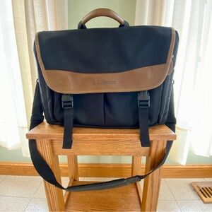 L.L. Bean Black and Brown Messenger Laptop Bag with Leather Accents